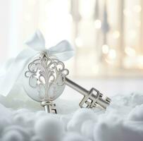 AI generated a silver and white christmas ornament, white keys, white bow photo