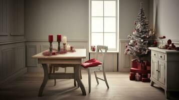 ai generado un habitación con de madera muebles, Navidad decoraciones, y mesa, ligero gris, auténtico detalles foto