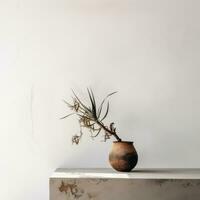 AI generated a plant sits on top of a concrete table against a white wall, photo