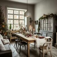 ai generado un habitación con de madera muebles, Navidad decoraciones, y mesa, ligero gris, auténtico detalles foto