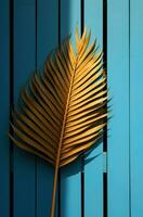 AI generated a palm leaf is on a wall close to a fenced in yard with a blue gate photo