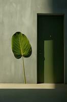 AI generated a person standing in front of a door with a leaf stuck photo
