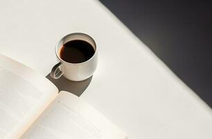 AI generated a cup of coffee sits next to a book full of pages photo