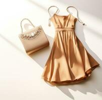 AI generated a gold dress bag and jewelry are laid out on photo