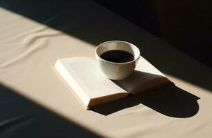 AI generated a cup of coffee sits next to a book full of pages photo