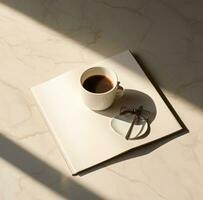 AI generated a cup of coffee sits next to a book full of pages photo