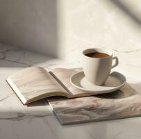 AI generated a cup of coffee sits next to a book full of pages photo