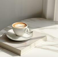 AI generated a cup of coffee sits next to a book full of pages photo