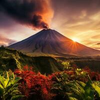 ai generado comienzo tu día con un impresionante amanecer terminado un majestuoso volcán foto