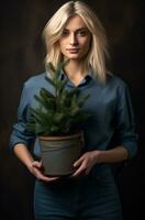 AI generated a blonde woman is holding a blue bucket with a small pine tree in the middle of it, photo