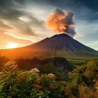 ai generado comienzo tu día con un impresionante amanecer terminado un majestuoso volcán foto