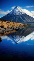 ai generado capturas el sereno belleza de un volcánico montaña reflejado en un calma, claro como el cristal lago foto