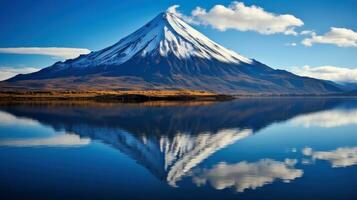 AI generated captures the serene beauty of a volcanic mountain reflected in a calm, crystal-clear lake photo