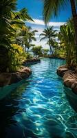 AI generated a pool in a tropical location, complete with palm trees, clear water, and sunshine photo