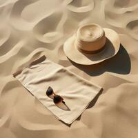 ai generado un playa toalla, Gafas de sol y sombrero son en el arena en un playa foto