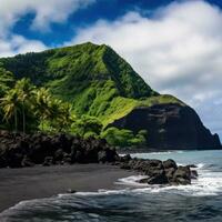 AI generated showcases the unique beauty of a volcanic island, with its lush greenery, black sand beaches photo