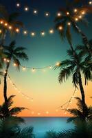 AI generated summer night party beach palms with light bulb garlands. large copyspace area, offcenter composition photo