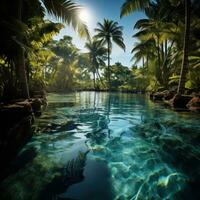 ai generado un piscina en un tropical ubicación, completar con palma árboles, claro agua, y Brillo Solar foto