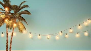 AI generated summer night party beach palms with light bulb garlands. large copyspace area, offcenter composition photo