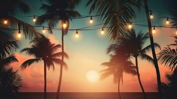 AI generated summer night party beach palms with light bulb garlands. large copyspace area, offcenter composition photo