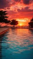 AI generated a beautiful shot of a pool at sunset, with warm oranges and pinks reflecting off the water photo