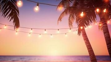 AI generated summer night party beach palms with light bulb garlands. large copyspace area, offcenter composition photo