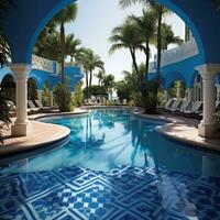 ai generado un gama alta estilo resort piscina con elegante cabañas y espumoso azul agua foto