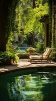 AI generated a pool surrounded by lush greenery and lounge chairs, perfect for a peaceful afternoon photo