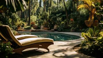 AI generated a pool surrounded by lush greenery and lounge chairs, perfect for a peaceful afternoon photo