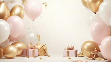 AI generated pink and gold balloons, gifts, presents and confetti on cream background photo