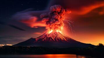 AI generated a volcano lights up the night sky with its fiery glow that showcases the beauty of nature's power photo