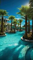 AI generated a high-end resort-style pool with elegant cabanas and sparkling blue water photo