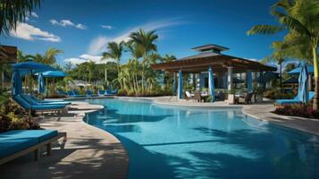 ai generado un gama alta estilo resort piscina con elegante cabañas y espumoso azul agua foto