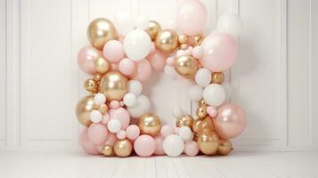 AI generated pink and gold balloons, gifts, presents and confetti on cream background photo