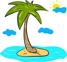 Palm tree on the island with sun and clouds, illustration, vector on white background.