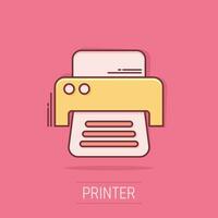 Vector cartoon printer icon in comic style. Document printing sign illustration pictogram. Printer business splash effect concept.