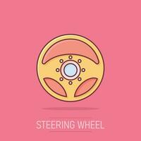 Vector cartoon steering wheel icon in comic style. Rudder wheel sign illustration pictogram. Steering business splash effect concept.