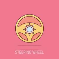 Vector cartoon steering wheel icon in comic style. Rudder wheel sign illustration pictogram. Steering business splash effect concept.