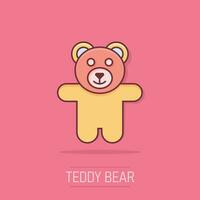 Vector cartoon teddy bear plush toy icon in comic style. Teddy toy sign illustration pictogram. Bear business splash effect concept.