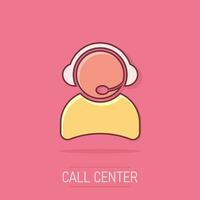 Vector cartoon operator with microphone icon in comic style. Operator in call center sign illustration pictogram. People business splash effect concept.