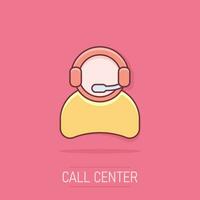 Vector cartoon operator with microphone icon in comic style. Operator in call center sign illustration pictogram. People business splash effect concept.