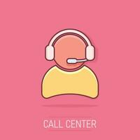 Vector cartoon operator with microphone icon in comic style. Operator in call center sign illustration pictogram. People business splash effect concept.