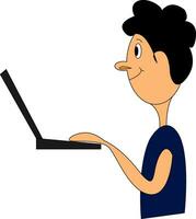 hombre es mirando a ordenador portátil mano dibujado diseño, ilustración, vector en blanco antecedentes.