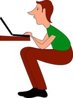 hombre es sentado y mirando a ordenador portátil mano dibujado diseño, ilustración, vector en blanco antecedentes.