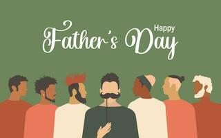 Happy Father's Day. Greeting modern card with men of different nationalities and religions on a green horizontal background. Vector. vector