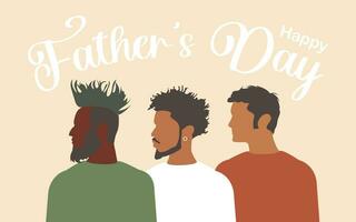 Happy Father's Day. Modern postcard with three men of different religions and nationalities standing together on a pink horizontal background. Vector. vector