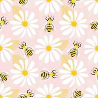 Wild chamomile flowers and honey bees. Seamless summer pattern with big white flowers and insects on a pink background. For printing on modern fabrics. Vector. vector