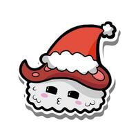 Cute cartoon happy Tako Sushi with Christmas red hat on white silhouette and gray shadow. Vector illustration about holiday.