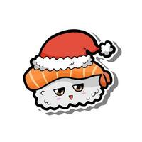 Cute cartoon Ebi Sushi smile with Christmas red hat on white silhouette and gray shadow. Vector illustration about holiday.