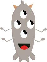 Beige four-eyed monster with four arms and horns smiling vector illustration on white background